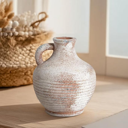 Sunddo 6 inch Rustic Ceramic Flowers Vase, Terracotta Pottery Small Vase with Handle, Farmhouse Decor,Table, Living Room, Bathroom, Shelf, Mantel Decor Brown