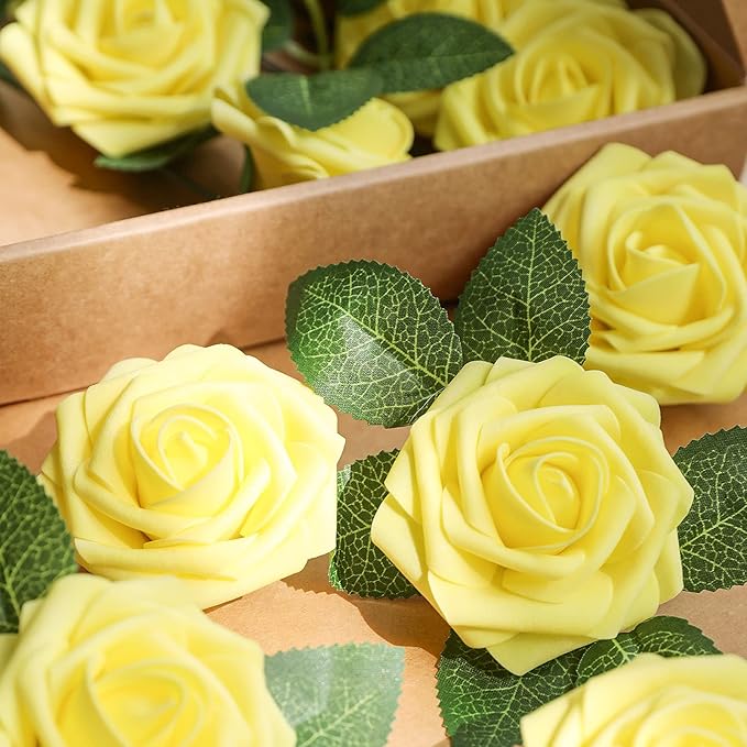 AmyHomie Artificial Flower Yellow Rose 25pcs Real Looking Fake Roses w/Stem for DIY Wedding Bouquets Centerpieces Arrangements Party Baby Shower Valentines Day Christmas Tree Decorations