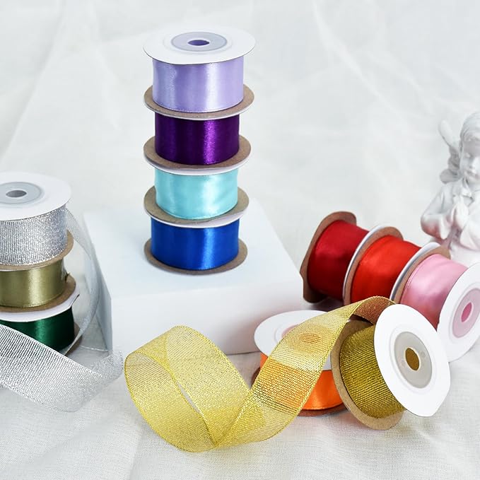 TONIFUL 12 Colors 1 Inch x 60yds Satin Ribbon Rolls Solid Color Fabric Ribbons for Gift Wrapping Invitation Floral Bouquet Hair Bows Craft Party Wedding Birthday Christmas Decoration (5yd/Roll)