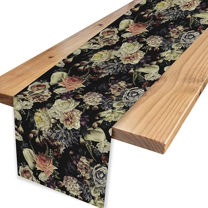 Gothic Floral Table Runner, Vintage White Blue Floral Boho Flower Garden Botanical Spring Seasonal Print Table Center Decor for Family Kitchen Table Decorations Indoor Outdoor 13x36 inch