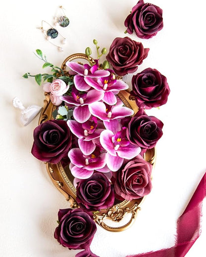 DuHouse 10pcs Silk Roses Artificial Flowers Fake Burgundy Rose Bouquet for Arrangement Wedding Party Home Decoration (Burgundy-Long Stem)