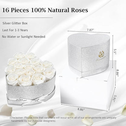 Forever Flowers for Delivery, 16 White Preserved Rose in Heart Shaped Box, Eteranl Rose on Anniversary Birthday Gifts for Women, Mother, Wife, Girlfriend，Christmas Day Gifts for Mom