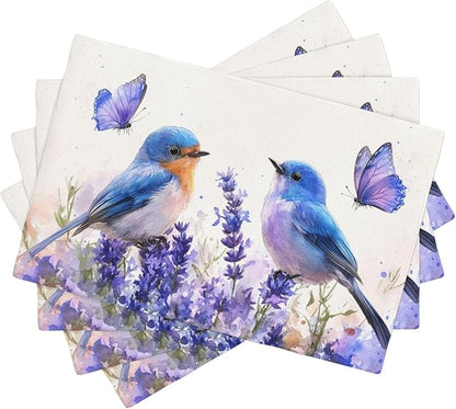 Lavender Birds Placemats Set of 4 Washable Table Mats Spring Floral Flower Heat-Resistant Cotton Linen Place Mats for Dining Table Kitchen Indoor Outdoor Party Holiday Decor