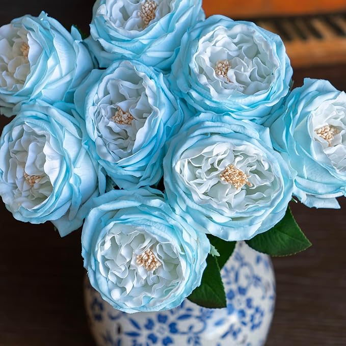 Fake Flowers for Decoration Home Decor Real Touch Artificial Flowers Austin Rose Peony Latex Fake Flower Living Room Decoration Vivid Pink Roses Peonies (Ice Blue 4pcs)