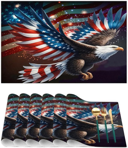 Independence Day Bald Eagles Flag Placemats Set of 4 PVC Vinyl Non Slip Table Mats Waterproof Heat Resistant Place Mats Washable Wipeable Dining Table Mat for Kitchen Party Indoor Outdoor Decorative