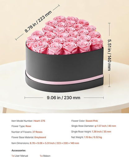 VEVOR Forever Flowers, 27 Preserved Roses in a Heart Shape Box, Eternal Flowers Immortal Bouquet Birthday Present for Women Her Wife Mothers, Anniversary, Valentine's Day,Christmas, Pink