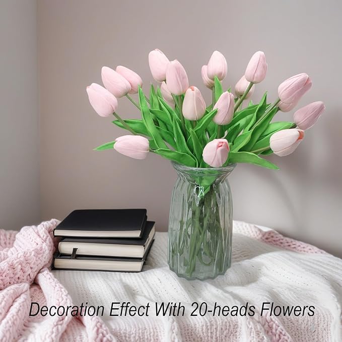 10-Heads Home Decor Mini Tulip Real Touch Tulip Artificial Flowers Bouquets for Home Wedding Party Centerpiece Decoration (Light Pink)