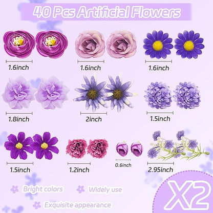 Featuman Artificial Flower Heads Bulk, Purple Fake Flowers Faux Daisy Fabric Flowers for Craft, 40 Pcs Mini Silk Flower Heads Artificial Daisies Fabric Flowers Heads for Wedding Hair Cap
