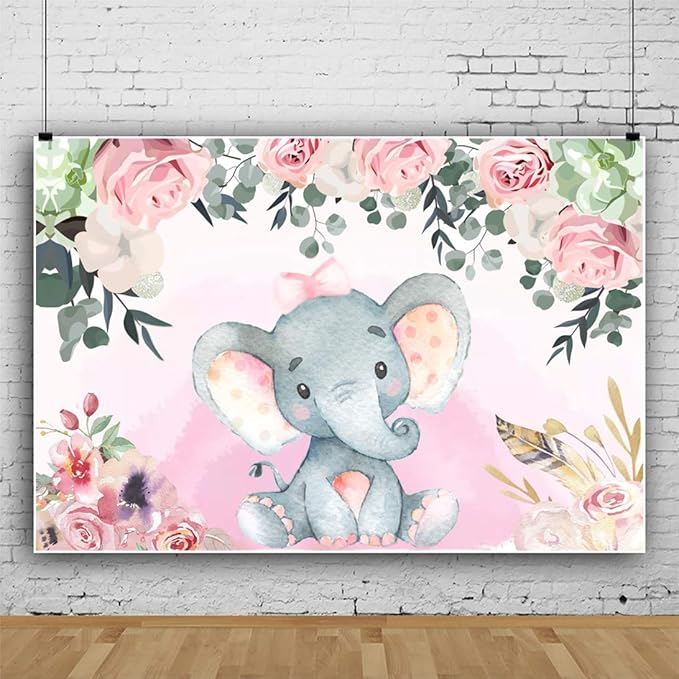 AOFOTO 5x3ft Pink Flowers Elephant Baby Shower Backdrop for Girl Sweet Floral Gender Reveal Background for Photography Kids Infant Birthday Party Banner Cake Table Decoration Photo Studio Props Vinyl