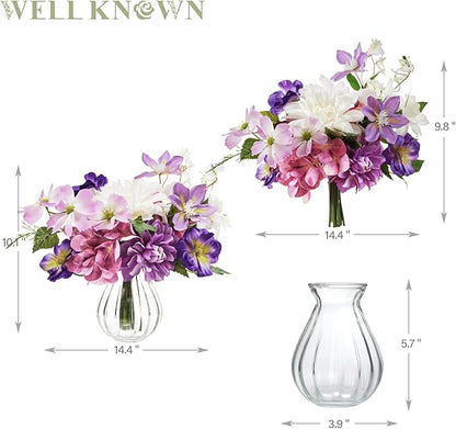 WELL KNOWN Artificial Flowers Silk Peony Flower Bouquet in Vase, Fake Flowers with Vase, Faux Flower Arrangements, Table Decorations for Living Room, Coffee Table Decor