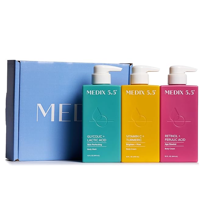 MEDIX Smooth & Glow 3PC Skin Care Set | Glycolic Acid Exfoliating Body Wash Gel + Brightening Vitamin C Cream + Firming Retinol Body Lotion Gift Box | Skin Care Products | Gifts For Women