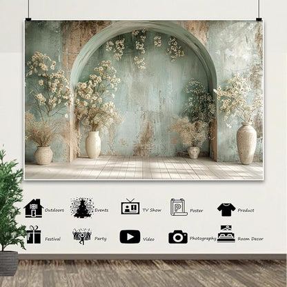 7x5ft Countryside White Flower Backdrop Vintage Medieval Building Concrete Wall Background for Wedding Valentines Day Mother-to-be Bridal Shower Birthday Princess Couples Women Portrait