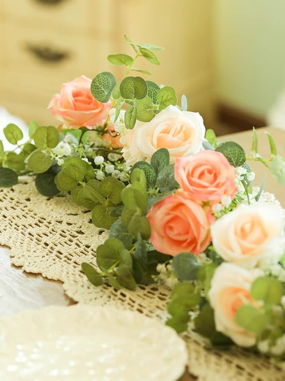 6FT Artificial Eucalyptus Garland with 10 Pink Roses and Baby Breath Flower Greenery Garland for Table Centerpiece Party Wedding Decor Indoor Outdoor Backdrop Wall Decorations