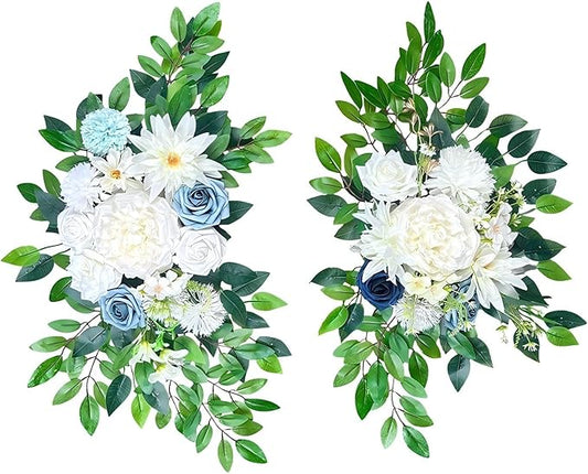 Artificial Wedding Arch Flowers (Pack of 2), White Wedding Flowers for Wedding Welcome Ceremony Sign, Faux Floral Swags, Banquet and Reception Backdrop Floral Decoration (White & Blue)