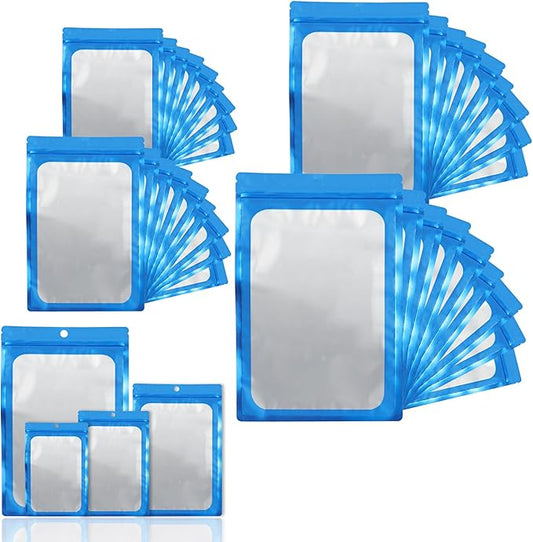 400 Pack 4 Size Bags with Clear Window,Scratch Resistant Hand Holographic Packaging Pouch,Resealable Bag for Small Bussiness Cookies Jewelry Candy Sample (Blue, 2.4×3.9,3x4.7,4×7,5.5×7.9 inch)