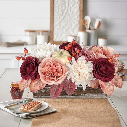 DILATATA Fall Decor Autumn Harvest Pumpkins Centerpiece - Artificial Rose Chrysanthemum Flowers Berries Arrangement in Rectangle Wooden Box for Thanksgiving Party Mantel Fall Decor