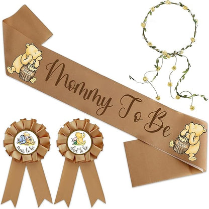Winnie Baby Shower Sash Mom to Be Sash and Dad to Be Pin Flower Crown for Gender Reveals Party Baby Shower Party Favors Decorations for Boys and Girls Pregnancy Props Gift, Standard, Brown