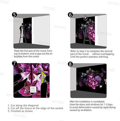 Black Peony Floral Wallpaper Bedroom Purple Botanical Flowers Leaf murals Living Room tv Background Large Wall Mural Aesthetic Room Decor - 160"x108" Not Peel and Stick