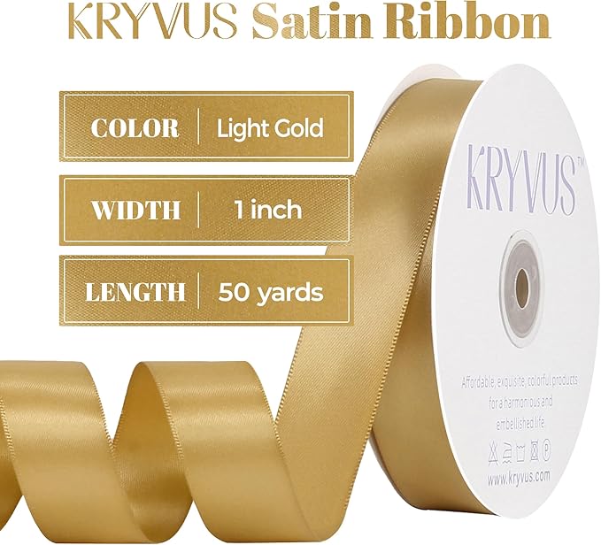 Light Gold Satin Ribbon, Double Faced 1 Inch X 50 Yards Light Gold Ribbon, Premium Satin Ribbon for Gift Wrapping, Crafts, Hair Bow Making, Sewing, Flower Bouquet, Wedding Party Decor