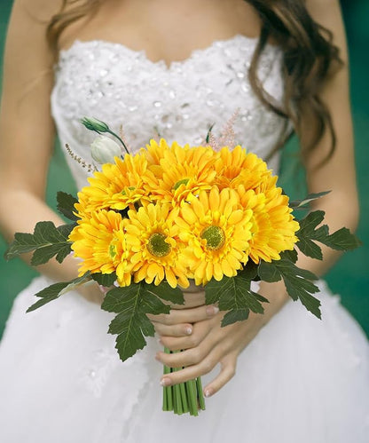 IPOPU 2 Bundles Artificial Gerbera Daisy Flowers 14 Heads Yellow Fake Daisy with Stems Faux Silk Daisy Flower for Wedding Bridal Bouquet Party Floral Arrangements Home Table Centerpiece Decor (Yellow)