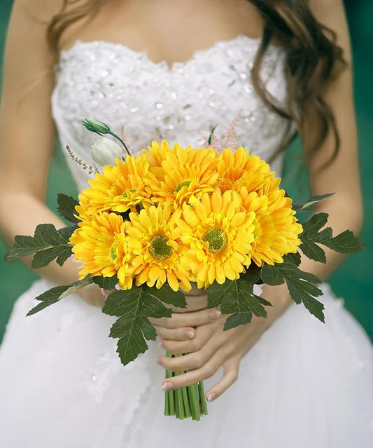 IPOPU 2 Bundles Artificial Gerbera Daisy Flowers 14 Heads Yellow Fake Daisy with Stems Faux Silk Daisy Flower for Wedding Bridal Bouquet Party Floral Arrangements Home Table Centerpiece Decor (Yellow)