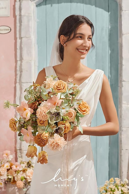 Ling's moment Peach Wedding Bouquets for Bride, Apricot Bridal Bouquets for Bride,15 Inch Free Form Artificial Wedding Flower Bouquet
