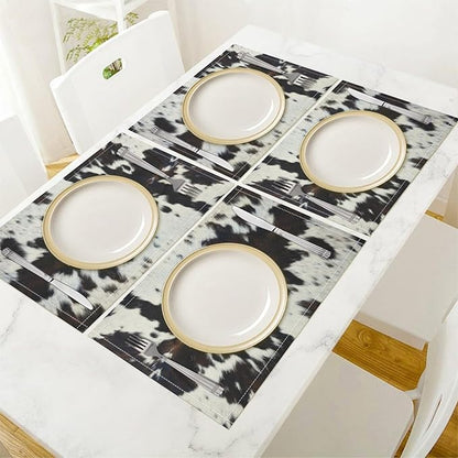 Cow Print Placemats Set of 4 Brown Cowhide Print Western Style Art Printed Dining Table Mats for Restaurant Home Kitchen Holiday Decor 12x18in