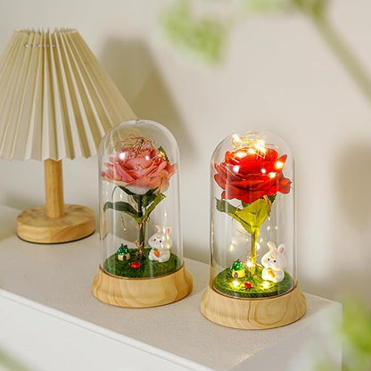 Pink Roses from Daughter for Mom Mothers Day, Beauty and The Beast Rose, with LED Light Up Rose in Dome, for Wife Grandma Christmas Day Valentine Day Birthday for Her Gift (1 Pink Rabbit)