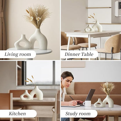 AWNR White Ceramic Vase Set of 2 for Modern Home Decor, Minimalist Round Donut Flowers Vase for Centerpieces Unique Neutral Boho Vase for Living Room Tv Stand Dining Room Dinner Table Decoration