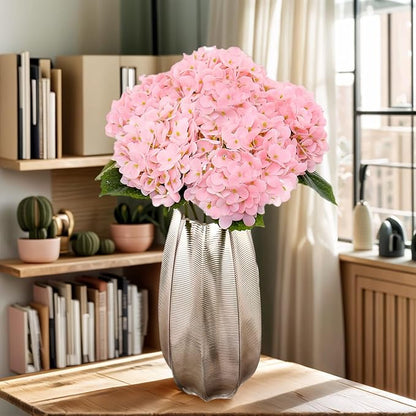 Kimura's Cabin 5Pcs 21inch Lifelike Faux Hydrangea Real Touch Latex Hydrangeas Long Stem with Leaves Artificial Hydrangea Bouquet for Home Wedding Baby Shower Birthday Party Decoration (Pink)