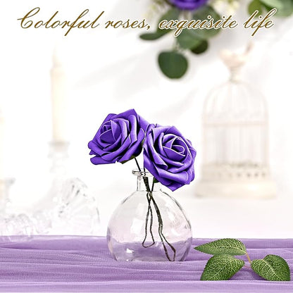 BLEUM CADE 36Pcs Artificial Flowers Fake Roses with Stems, Deep Purple Boxed Foam Roses for DIY Bouquets Centerpieces Wedding Party Arrangement Bridal Shower Decor