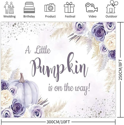 Little Pumpkin Baby Shower Backdrops 10x8ft, A Sweet Little Pumpkin is On The Way Purple Floral Photography Background, Baby Shower Baby Birthday Backdrop Decoration Banner