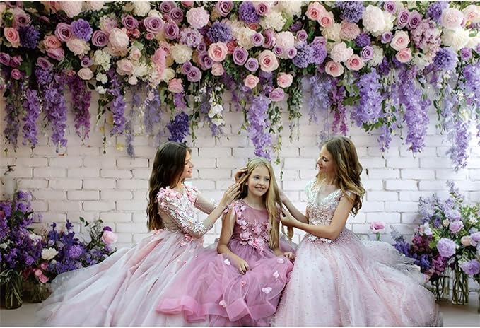 Baocicco Purple Floral Wall Backdrops 10x8ft Flowers White Brick Wall Backdrops for Photoshoot Valentine Day Decorations Anniversary Wedding Banner Supplies Birthday Baby Shower Photo Props