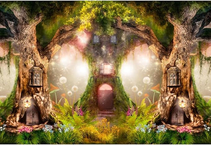 Leowefowa 10x7FT Enchanted Garden Backdrop Magic Tree House Fairy Tale Wonderland Woodland Background Wedding Baby Shower Birthday Party Banner Cake Smash Decors Studio Portrait Photobooth Shoot Props
