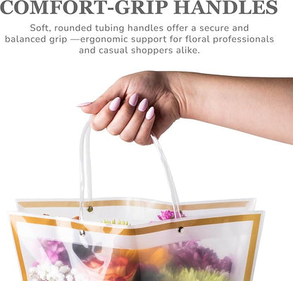14 Reusable Floral Vase Bag for Bouquets - Portable Flower Bouquet Bags with Ventilation Holes and Ergonomic Handles, Gift-Ready, Tuxedo Gold