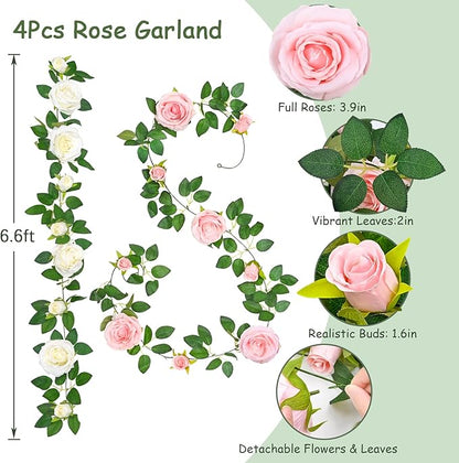 4 Pcs Flower Garland with 39.2 Ft Lights, 26.4 Ft Pink & White Floral Garland Fake Flowers for Wedding Arch Party Wall Garden Room Decor