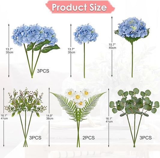 Hydrangea artificial Flowers 12PCS Blue Fake Flowers Long Stems Faux Hydrangea Daisies Silk Arrangements Realistic Faux Flowers for Vase Floral Centerpiece Wedding Bridal Bouquet Party Home Decor