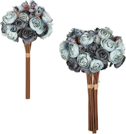 IPOPU Dusty Blue Ranunculus Artificial Flowers 2Bouquets Realistic Silk Flowers 12PCS Mini Fake Flowers for DIY Wedding Bouquet Bridal Shower Decorations Blue Flowers Centerpieces (Dusty Blue)