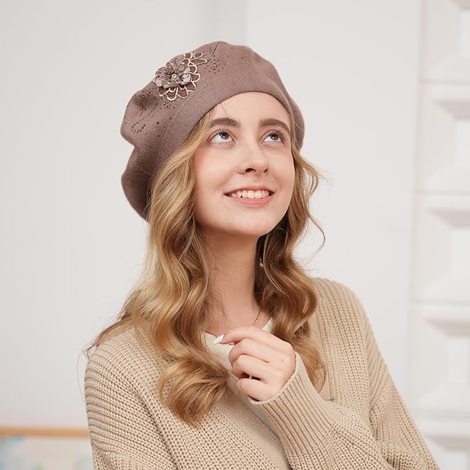 Flower Embroidery Beret Hat for Women, French Style Knitted Beret Hats, Stylish Solid Color Beret Cap for Women Girls Lady