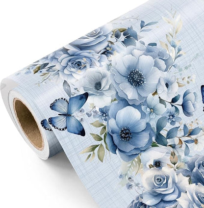 WRAPAHOLIC Dusty Blue Floral Wrapping Paper Roll - Mini Roll - 17 Inch x 9.8 Feet - Butterfly Flower Design, Perfect for Birthday, Wedding, Bridal Shower