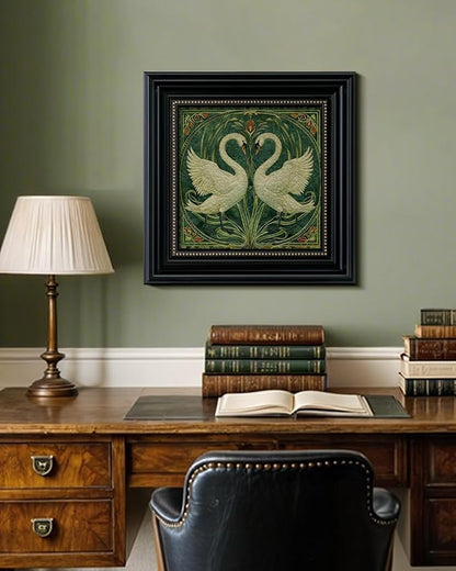 Vintage 3D Textured Romantic Swan Couple Wall Art 16x16, Victorian Framed Swan Art Painting Sandstone Surface, Classic Black Frame with Gold Dots, Art Nouveau Animal Print Shop Home Decor