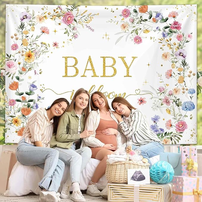 MEHOFOND 7x5ft Wildflower Baby in Bloom Baby Shower Backdrop Decorations, Wildflower Baby Shower Background, Spring Floral Banner Gold Glitter Photography Background Photo Props