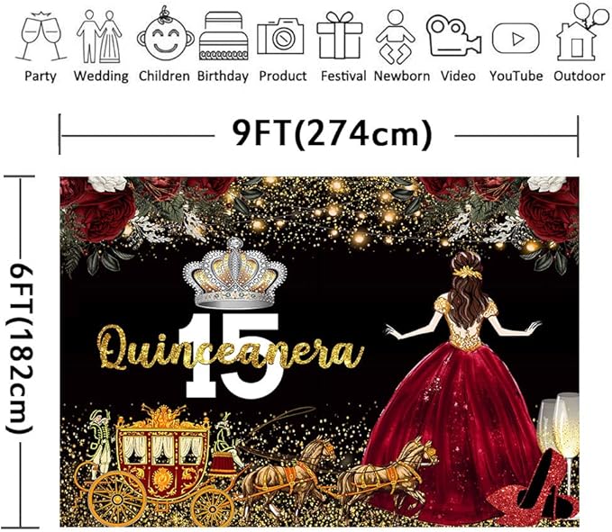 Red Dress Rose Flower Backdrops Quinceanera Birthday Backdrop for Girl Princess Happy 15th Bday Carriage Photography Props Cake Table Banner 9x6ft BJLSLU59