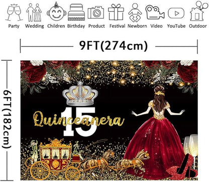 Red Dress Rose Flower Backdrops Quinceanera Birthday Backdrop for Girl Princess Happy 15th Bday Carriage Photography Props Cake Table Banner 9x6ft BJLSLU59