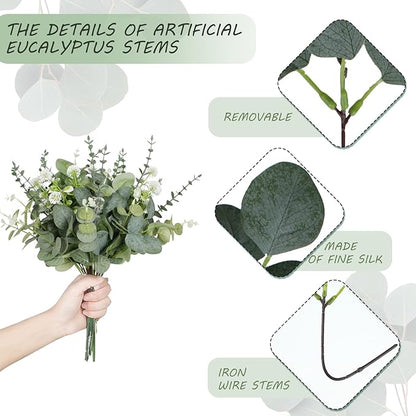 Artificial Eucalyptus Leaves Stems 120 Pcs 4 Kinds Mixed Fake Silver Dollar Eucalyptus Leaves Stem with Dandelion Bulk Faux Leaf for DIY Bouquets Floral Arrangement Wedding Home Decor