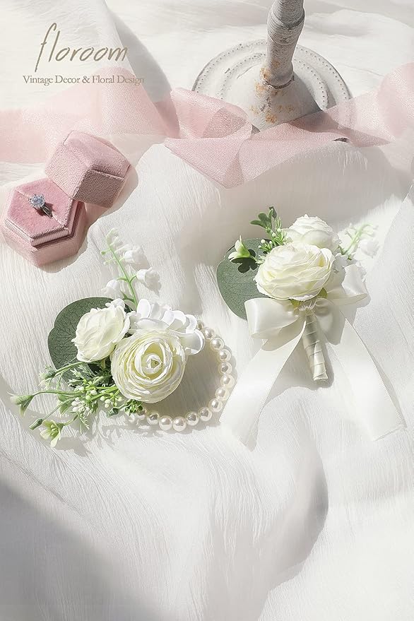 Floroom Ivory Ranunculus Peony Wrist Corsage Wristlet Band Bracelet and Men Boutonniere Set for White Wedding Flower Accessories Prom Suit Decorations