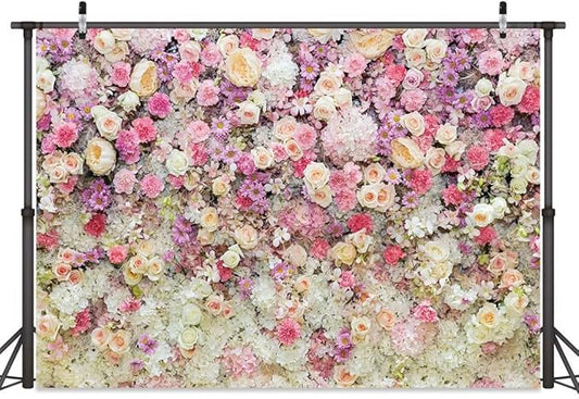 7x5ft Pink Rose Floral Flower Wall Backdrop Girls Wedding Birthday Bridal Shower Kids Portrait Background Photoshoot Cake Table Tea Party Photoshoot Decorations Photo Studio Props