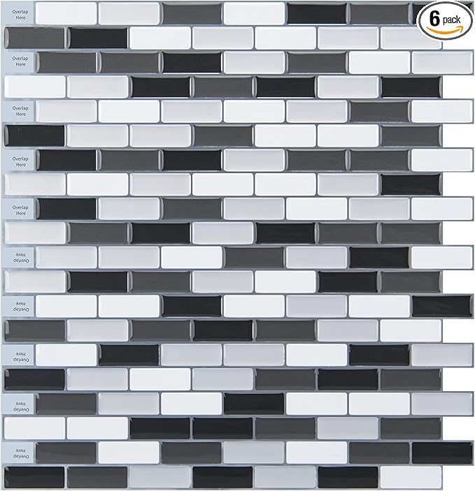 Art3d 6-Sheet (Pack Of 6) Wall Panel Marble, Black/White