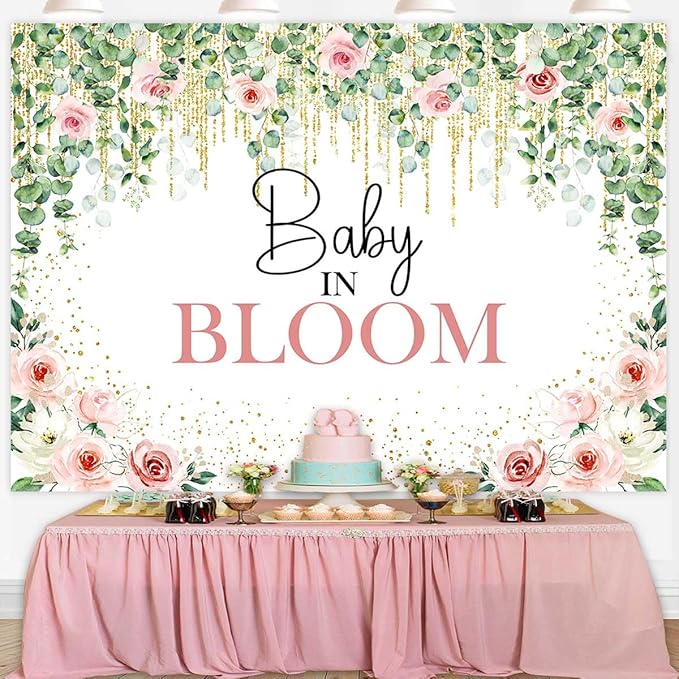 Sensfun Baby in Bloom Backdrop Green Leaves Pink Flowers Baby Shower Party Decorations Girls Greenery Floral Baby in Bloom Banner Gold Glitter Dots Photography Background Cake Table Supplies 7x5ft