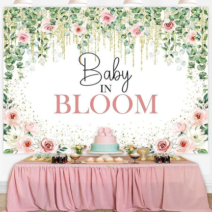 Sensfun Baby in Bloom Backdrop Green Leaves Pink Flowers Baby Shower Party Decorations Girls Greenery Floral Baby in Bloom Banner Gold Glitter Dots Photography Background Cake Table Supplies 7x5ft